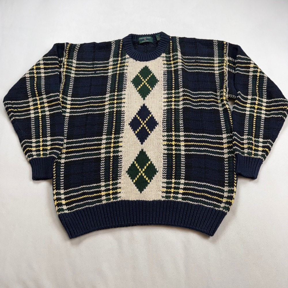 Embassy Row Hand Knits Men L Plaid Argyle Sweater Navy Blue Cotton Ramie Vintage